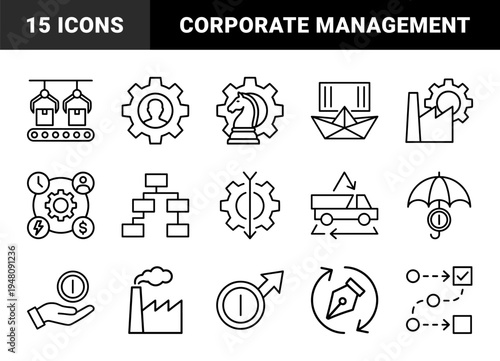 Business management and industrial logistics line icon set. Vector pictograms of gears, factory, horse, conveyor, boat, hierarchy, truck, and umbrella outline illustration.