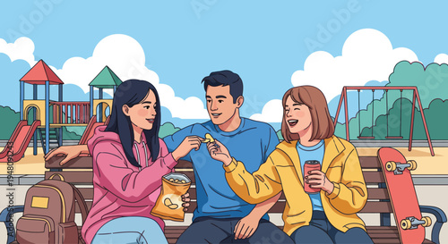 Friends sharing snacks on park bench with playground background, casual outdoor fun