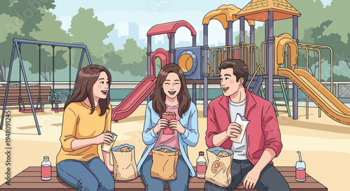 Friends Enjoying Lunch Break at Sunny Playground with Slides and Swings