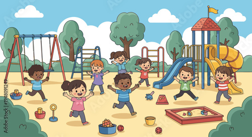 Diverse children playing happily on a colorful playground with swings and slides.
