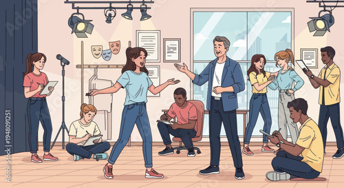 Theater actors rehearse scene with director in studio, learning performance skills