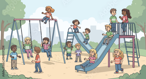 Diverse Children Playing on Playground Equipment: Swings, Slides, and Fun