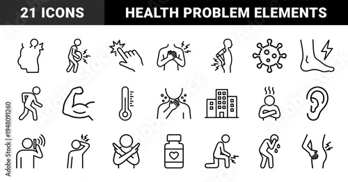 Medical symptoms and health issues icon set. Vector pictograms of back pain, fever, sore throat, headache, and virus, black outline illustration.