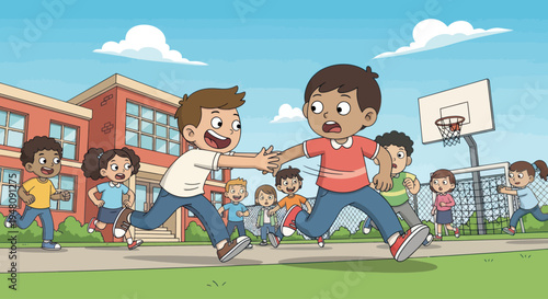 Children playing together at school playground, sports, friendship