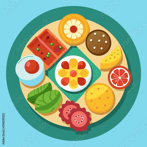 A colorful platter of assorted appetizers and snacks