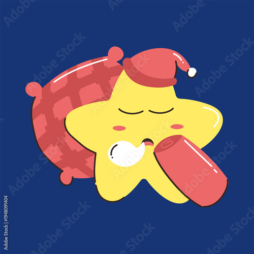 Cute Sleeping Star Character with Pillow and Blanket