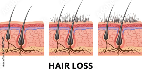 Medical illustration showing healthy and thinning hair follicles