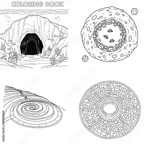 Cave entrance with desert landscape, mysterious illustration for coloring, coloring book