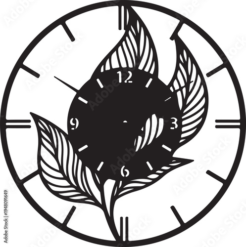 Vector clock face with leaf design, black and white