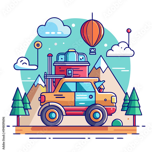 Adventure Vehicle in a Stylized Mountain Landscape