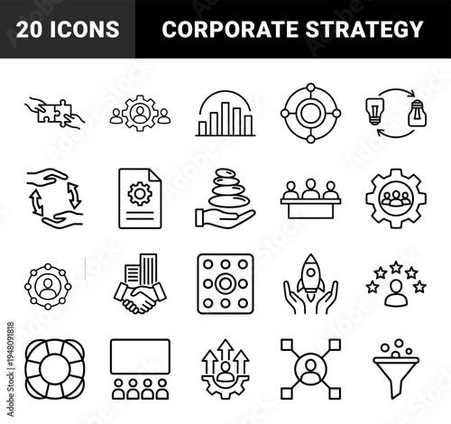 Business management line icon set. Vector pictograms of puzzle, rocket, gear, handshake, chart, funnel, and lightbulb, thin outline illustration.