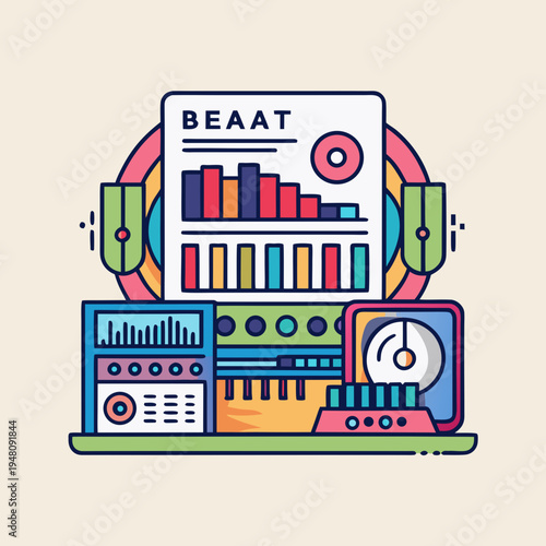 Beat production studio equipment with charts and meters
