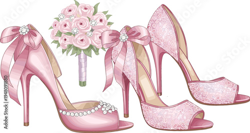 Elegant pink bridal high heel shoes with lace details silk bows and pearls alongside a romantic rose flower bouquet wedding vector illustration for invitation design celebration and fashion.