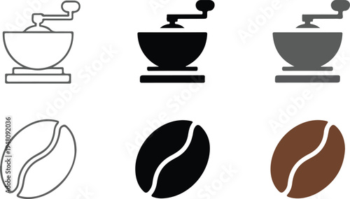 Minimalist coffee grinder and bean vector icons set featuring vintage manual mill designs in outline and solid styles.