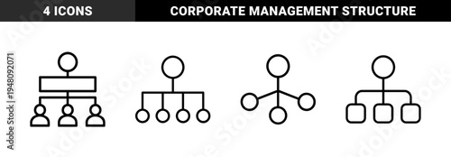 Business hierarchy and organizational structure icon set. Vector pictograms of team management, leadership, and company flow charts, black line illustration.