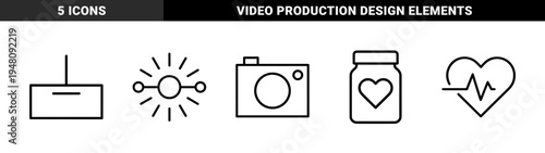 Photography and video camera icon set. Vector pictograms of digital camera, lens, tripod, lighting, drone, microphone, and film reel, thin outline illustration.