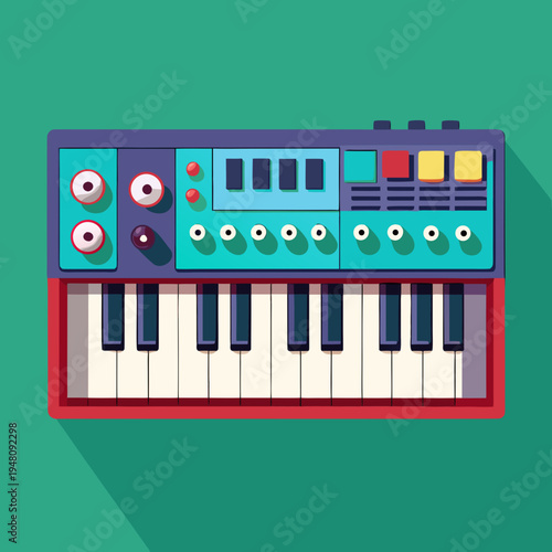 Colorful Analog Synthesizer Keyboard with Knobs and Buttons
