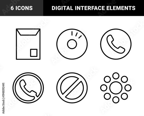 Communication and interface line icon set. Vector pictograms of phone, envelope, prohibited sign, circular loading, and audio disc, black outline illustration.