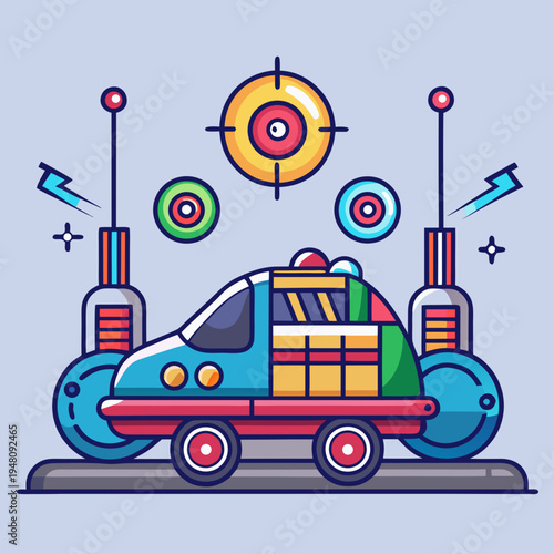 Colorful cartoon dark ride vehicle with technology elements