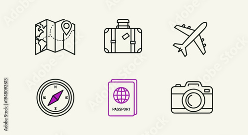 Travel icons map suitcase airplane compass