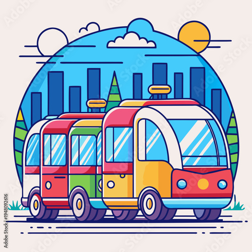 Colorful Electric Buses Lined Up in Stylized Cityscape
