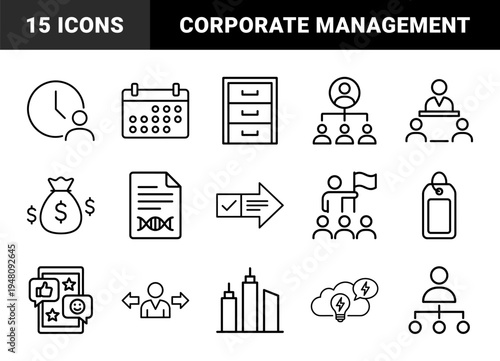 Business management line icon set. Vector pictograms of calendar, clock, filing cabinet, hierarchy, money bag, meeting, DNA report, feedback, and skyscraper, thin outline illustration.