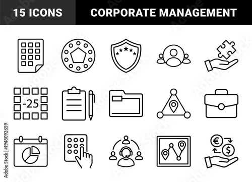 Business and management line icon set. Vector pictograms of briefcase, calendar, puzzle, currency, headset, and document, thin outline illustration.