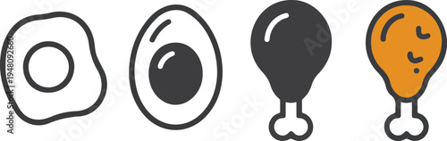 Minimalist fried egg and chicken drumstick vector icons set featuring breakfast and poultry food in outline and colorful styles.