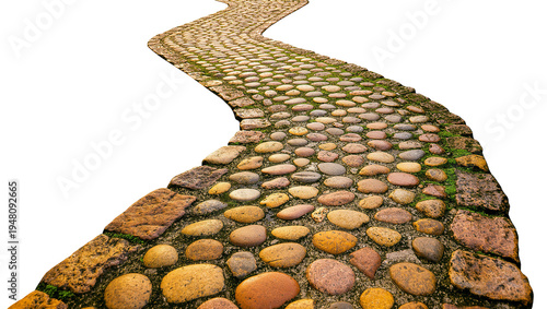 Fotografie Isolated winding pathway of natural stones and pebbles, rustic ancient road text