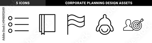Business management and strategy line icon set. Vector pictograms of flag, bookmark, list, target, and user, thin outline illustration.