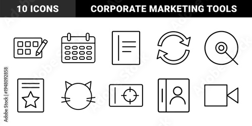 Business and finance icon set. Vector pictograms of megaphone, calculator, chart, lightbulb, handshake, and briefcase, thin outline illustration.