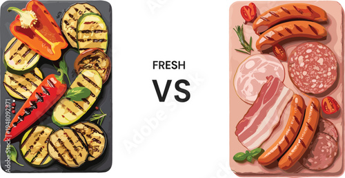 Fresh Grilled Vegetables vs. Processed Meats with Sausages, Bacon, and Salami, Food Comparison Illustration