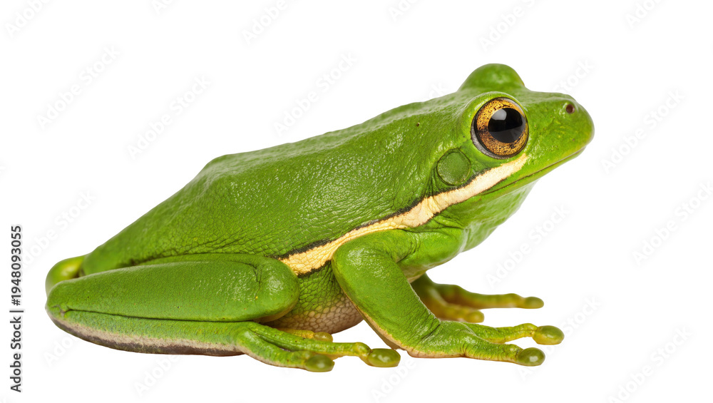 Obraz premium Isolated vibrant green tree frog, a curious amphibian with golden eyes, captured in studio.