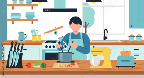 Woman Cooking in Modern Kitchen with Utensils.