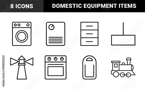 Domestic appliances and transport icon set. Vector pictograms of washing machine, drawers, lighthouse, stove, train, and refrigerator, thin outline illustration.