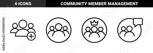 Community and user management line icon set. Vector pictograms of group members, add friend, chat bubble, and leader crown, black outline illustration.