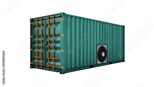 Fotografia Isolated green refrigerated shipping container with air conditioning unit for tr