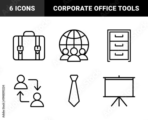 Business and corporate management icon set. Vector pictograms of globe, filing cabinet, briefcase, presentation board, necktie, and lighthouse, thin outline illustration.