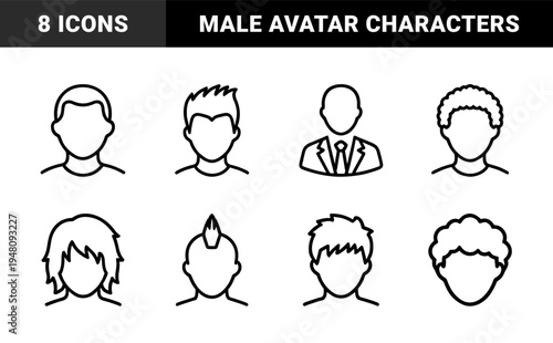 Avatar line icon set. Vector pictograms of businessman, student, mohawk, curly hair, and shaggy hairstyle, black outline illustration.