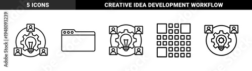 Business innovation line icon set. Vector pictograms of team collaboration, browser window, creative idea gear, and data grid, thin outline illustration.