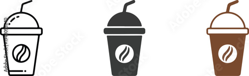 Minimalist iced coffee cup vector icons set with straw and bean logo in outline solid and brown styles.