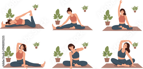 Woman Practicing Yoga Poses on Mat with Indoor Plants, Fitness and Stretching Exercises Illustration