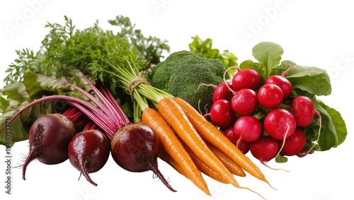 Fotografía Isolated fresh raw organic vegetables assortment with beets, carrots, broccoli, and radishes