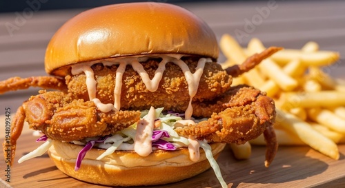 Delicious Crispy Soft Shell Crab Burger with Golden French Fries.