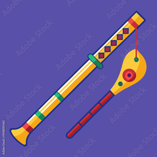 Decorative Wooden Flute and Rattle with Colorful Accents