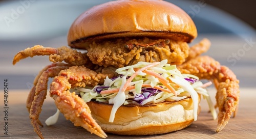 Delicious Crispy Soft Shell Crab Burger with Creamy Coleslaw.