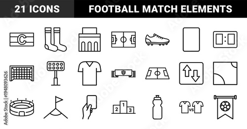 Soccer and football line icon set. Vector pictograms of stadium, jersey, cleats, goal, scoreboard, corner flag, and referee cards, thin outline illustration.