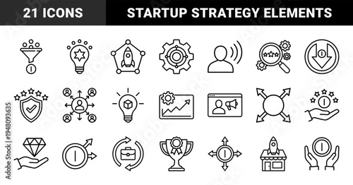 Business growth and startup line icon set. Vector pictograms of rockets, lightbulbs, trophies, shields, magnifying glasses, and data charts, thin outline illustration.