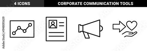 Business and marketing line icon set. Vector pictograms of resume, data growth chart, heart donation, and megaphone, thin outline illustration.