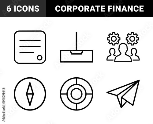 Business and finance icon set. Vector pictograms of gear, handshake, lightbulb, chart, globe, shield, calculator, and growth, thin outline illustration.